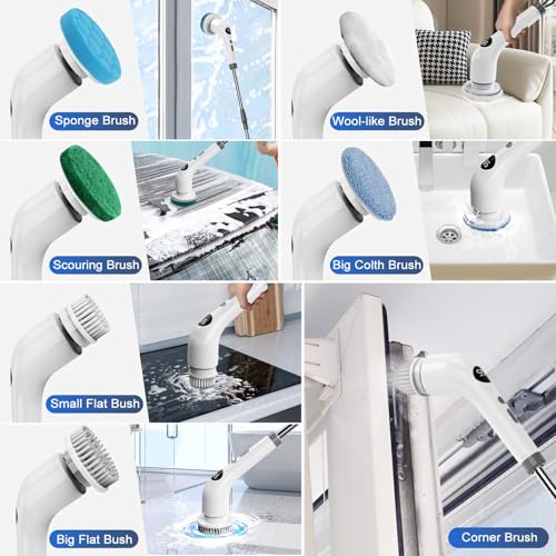 qimedo Electric Spin Scrubber, Rechargeable Handheld Electric Scrubber for Cleaning, Cordless Power Dish Scrubber with 7 Brushes for Bathtub Grout Tile Floor - size: 2000mAh Scrubber with 46.5-inch Handle