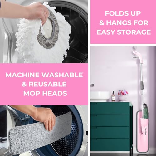 True & Tidy® Clean Everywhere Spray Mop Kit with 3 Interchangeable Heads & Refillable Tank - Flat, Round, Squeegee (Pink) - color: Pink