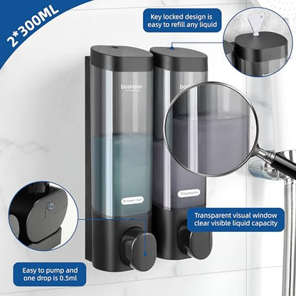 2 in 1 Shower Soap Dispenser, 2×300 ml Chamber Shampoo and Conditioner Dispenser Shampoo Dispenser for Shower Wall Mounted Shower Pump Soap Dispenser for Bathroom Kitchen (2 Chamber+Black) - color: 2 Chamber+black