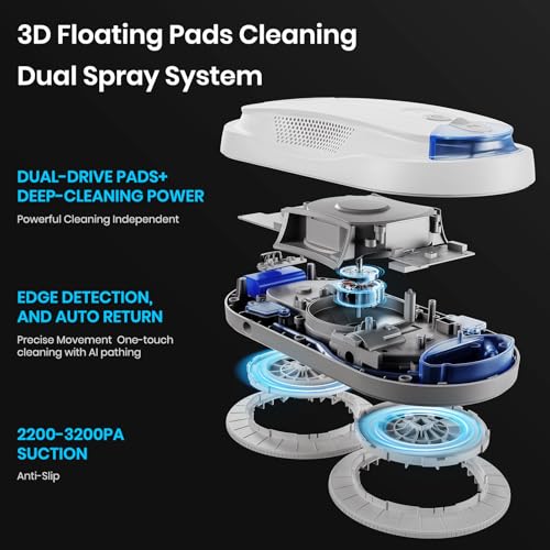 KKI Window Cleaning Robot, Auto Window Cleaner Robot, Dual Spray, Max 3200Pa, AI Path Planning & Edge Detection, Remote Control for High-Rise Windows Outside/Inside,8 Cloths, X3 (White) - color: White, size: X3