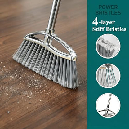 Stand Up Metal Dustpan & Stiff Bristle Broom Set–Heavy Duty for Yard, Patio | No-bend stand up design / Heavy duty metal dustpan with teeth / 4-layer stiff Bristle broom / For outdoor floor sweeping