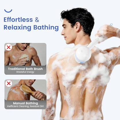 Electric Back Scrubber for Shower Body Brush, Waterproof Shower Body Scrubber for Cleansing, Massaging, Rechargeable Bath Brush for Kids & Adults with 2 Heads & 3 Speed Modes, Milk White XY0