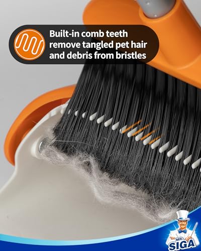 MR.SIGA Broom and Dustpan Set with Long Handle, Stand Upright Broom with Dustpan Combo for Cleaning Office, Garage, Lobby, Lightweight Sweeping Set, 51.7"(131 cm) Long Handle, White & Orange - color: White & Orange