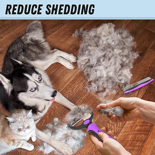 Docrok Pet Grooming Brush and Metal Comb Combo - Undercoat Rake for Dematting and Deshedding Long Matted Haired Dogs and Cats, Purple - color: Purple