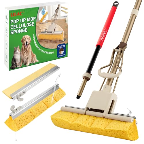 LILAC Cellulose Sponge with 2 Replacement Sponge Heads, 4-Color Handle Choices for Zoned Cleaning, Super Absorbent Pop Up Roller Mop Sponge for Hardwood,Laminate Floors (red Hand) - size: red hand