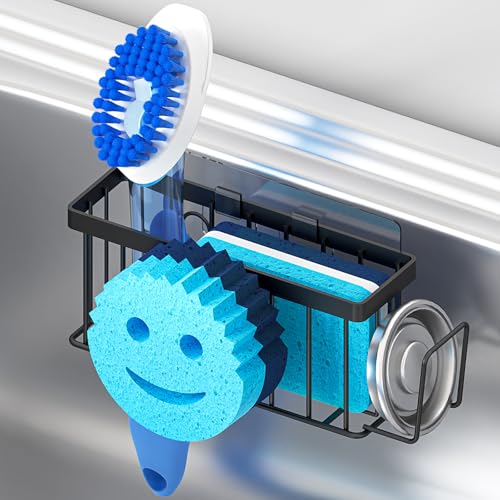 MURLONG Sponge Holder for Kitchen Sink,Sink Caddy Smiley Face,4-in-1 Sponge Holder with Suction Cups & 1 PCS Adhesive Strips for Holding Soap,Brush,Scrubber,Sponge,Stopper-Black - color: Black