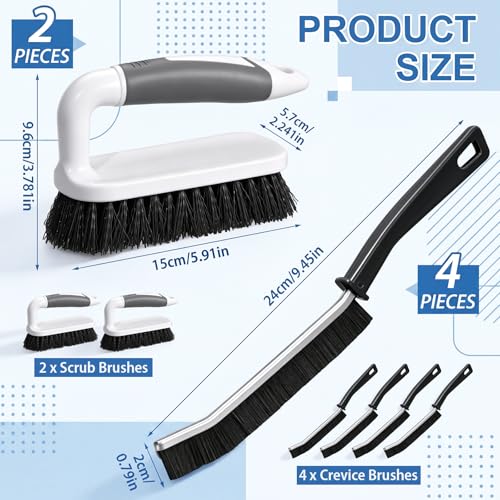 6 Pack Scrub Brushes for Cleaning Including Scrub Brush and Crevice Brush for Shower, Bathtub Scrubber with Handle Stiff Bristle Brushes for Kitchen, Sink, Carpet, Floor and Wall Surfaces