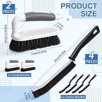 6 Pack Scrub Brushes for Cleaning Including Scrub Brush and Crevice Brush for Shower, Bathtub Scrubber with Handle Stiff Bristle Brushes for Kitchen, Sink, Carpet, Floor and Wall Surfaces