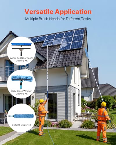 VEVOR Solar Panel Cleaning Kit, 26 ft, Water Fed Pole Kit with Cleaning Brush, Squeegee, Soap Dispenser, Extendable Aluminum Telescopic Pole, 180° Rotatable Brush Head, for Roof Mounted Solar Panels - size: 26 Ft