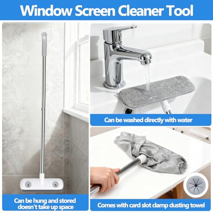 XANGNIER Window Screen Cleaner & Track Cleaning Kit-Mesh Screen Cleaner Brush with Extension Pole,Window Sill and Track Cleaner Tool Washing Equipment,28″Detachable Long-Reach Handle,Wet&Dry Dual-Use