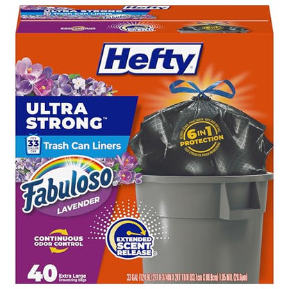 Hefty Ultra Strong 33 Gallon Trash Bags, Large Trash Bags Size, Trash Can Liners, Break Resistant Drawstring Closure, Resists Leaks, Punctures, and Tears, Black, Fabuloso Lavender Scent, 40 Bags - style: 40 Count- Lavender Scent