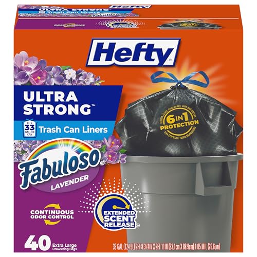 Hefty Ultra Strong 33 Gallon Trash Bags, Large Trash Bags Size, Trash Can Liners, Break Resistant Drawstring Closure, Resists Leaks, Punctures, and Tears, Black, Fabuloso Lavender Scent, 40 Bags - style: 40 Count- Lavender Scent