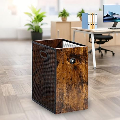 Office Trash Can 4.5 Gallon, Metal Mesh and Wood Combination Small Garbage Can, Rectangular Waste Basket with Handle, Industrial Trashcan for Home Office, Bedroom, Living Room