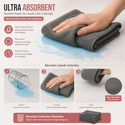 12 Pack Microfiber Cleaning Cloth, Ultra Absorbent Reusable Towels, Lint Free Streak Free Cleaning Rags for Car, Kitchen, Window, Home (Grey)