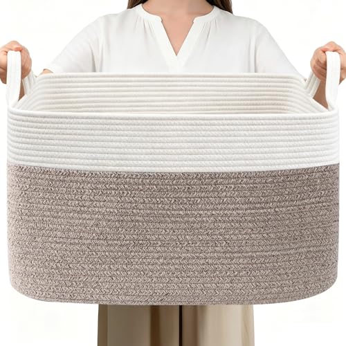 Large Blanket Basket,Woven Rope Basket Storage Bin with Handles,65L Rectangle Laundry Basket for Magazines,Toys,Clothes,Newspaper Shelf Organization,Nursery and Living Room,White & Brown - color: White & Brown, size: 21"x16"x12"(65L)