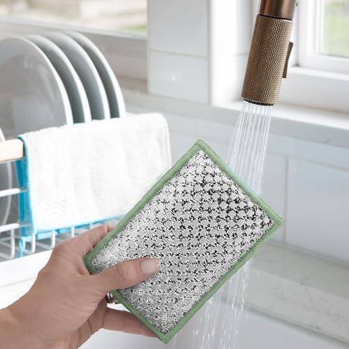 OGGI Bambou Odor-Free Scrubbing Sponges - Natural Scrub Sponges for Dishes, 91% Bamboo-Derived Rayon Cellulose Fiber, Reusable, Absorbent, Durable Scrubbers, Non-Scratch, Washable - 3 pcs, 7x4 - color: White/Sage