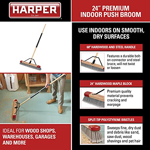 Harper 24 Inch Indoor Push Broom, Premium Heavy Duty Smooth-Surface Floor Cleaning with Flagged Bristles, Home and Garage Sweeping, Gray - style: Premium Indoor Smooth-Surface Push Broom