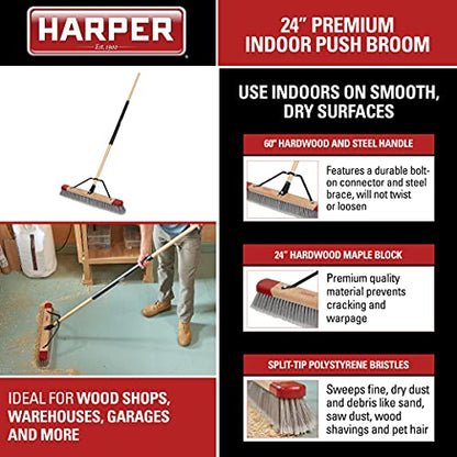 Harper 24 Inch Indoor Push Broom, Premium Heavy Duty Smooth-Surface Floor Cleaning with Flagged Bristles, Home and Garage Sweeping, Gray - style: Premium Indoor Smooth-Surface Push Broom