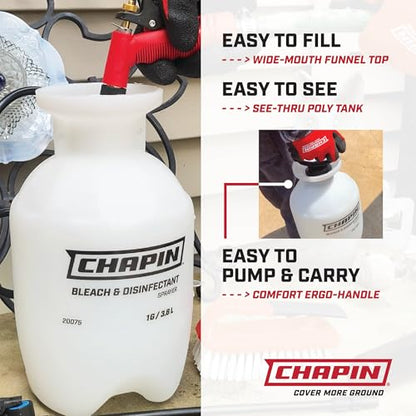 Chapin 20074: Made in the USA Disinfectant Bleach Sprayer, 1-Gallon, Adjustable Cone Nozzle, Compatible with Bleach Solutions and Fungicides, Bonus Spray Shield, Translucent White - size: 1 Gallon Bleach