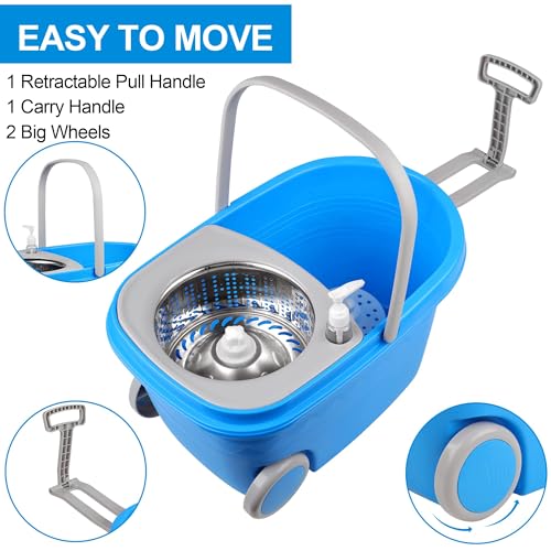 Spin Mop and Bucket with Wringer Set, 3 Washable Microfiber Pads Included for Floor Cleaning, Adjustable Stainless Steel Handle, Easy Moving with Wheels, Blue - color: Blue