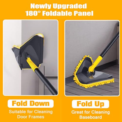 Newly Upgraded Wall Mop with 82 Inches Long Handle, 180° Folding Wall Cleaner Triangle Mop with Squeegee, 3-in-1 Ceiling Cleaning Tool with 6 Replacement Pads for Wall, Baseboards, Ceiling, Floor - color: Yellow
