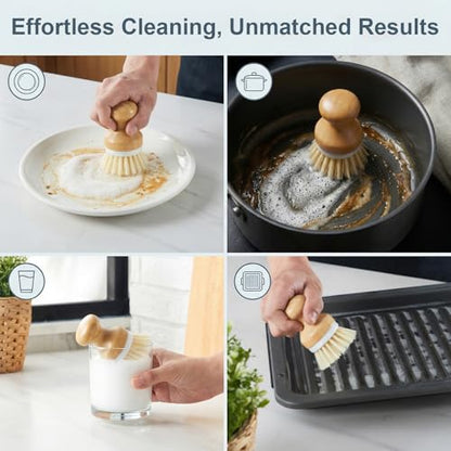 ONEMORE Bamboo Dish Brush with Ceramic Foaming Base, Kitchen Sink Scrub Brush Set with Spring and Mesh Insert, Wooden Handle Dishwashing Brush for Pots Pans Plates Bowls, Gray - color: Gray