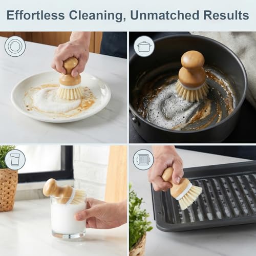 ONEMORE Bamboo Dish Brush with Ceramic Foaming Base, Kitchen Sink Scrub Brush Set with Spring and Mesh Insert, Wooden Handle Dishwashing Brush for Pots Pans Plates Bowls, Light Green - color: Light Green