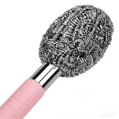 2PCS Steel Wool Scrubber with Handle Rustproof, Cast Iron Scrubber, Stubborn Messes Pot Brush, Remove Dirt for Cleaning Stoves,Sinks Dishes Grills Bowls & Metal Wire Sponge for Kitchens - color: Pink