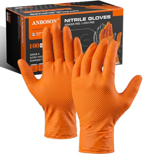 ANBOSON 10mil Nitrile-Gloves Disposable-Orange Chemical-Resistant Rubber - Mechanic Gloves Heavy Duty, Latex Free, Diamond Grip (100, Medium) - color: Orange-100, size: Medium