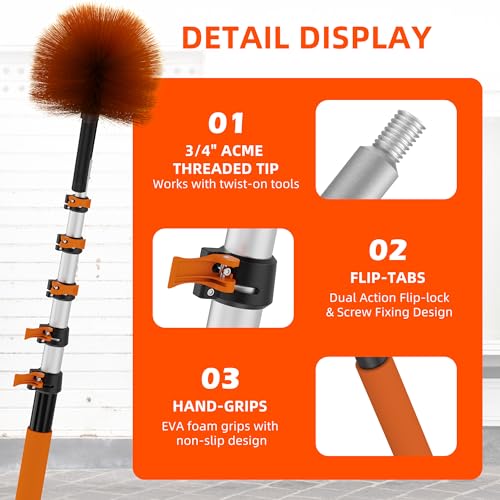 18 FT Cobweb Duster with 3-12 FT Telescoping Pole, Dual Action Flip-Lock & Screw Fixing Design, Washable Reusable Duster for High Ceilings, Fans & Home Cleaning - size: 3-12FT