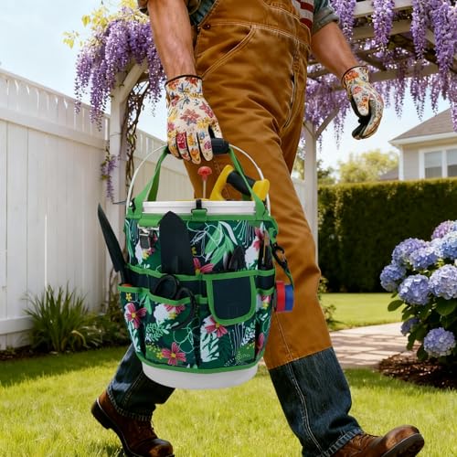 KUNN Bucket Tool Organizer 5 Gallon 18-Pocket Gardening Tool Bag with Hangable Handle | Garden Caddy & Bucket Accessory, Green - style: Green Leaf