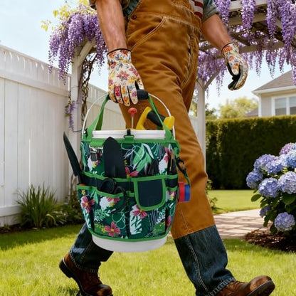 KUNN Bucket Tool Organizer 5 Gallon 18-Pocket Gardening Tool Bag with Hangable Handle | Garden Caddy & Bucket Accessory, Green - style: Green Leaf