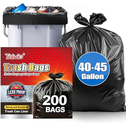 Teivio Black Large Trash Bags 40-45 Gallon 200 Count | Large Multipurpose | Fit 35,39,40,42,44,45 gallon Garbage Bin Liner | Kitchen | Lawn And Leaf Bags Outdoor Yard Waste Bag | Workshops Trash - size: 1 Count (Pack of 200), style: 200pcs-40 45 Gallon-Bl