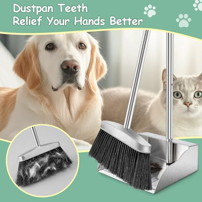 Metal Broom with Dustpan Combo Set-Long Handle Broom with Dustpan,Heavy Duty Standing Dust Pan & Soft Bristles Brooms,Indoor Outdoor Dust Pan Brooms for Home Office Lobby Floor - size: Dustpan and broom 36*35 in