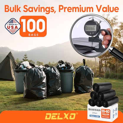 Delxo 55-60 Gallon Trash Bags, 100 Count – 0.9 Mil Medium Duty Garbage Bags, Durable & Puncture-Resistant Plastic Bolsas para basura, Perforated Design– Made in USA for Kitchen, Yard, Office (Black) - color: 60Gal-100Ct(Black)