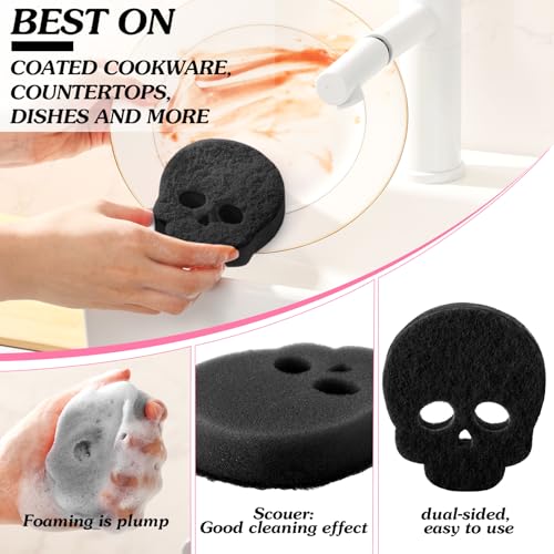 Tioncy 12 Pack Skull Sponges Bulk Gothic Dual Sided Scrubber Black Skull Sponges Reuseble Non Scratch Dishwashing Kitchen Cleaning Accessories for Cookware Pot Boiler Pan Household - color: Black, style: Skull