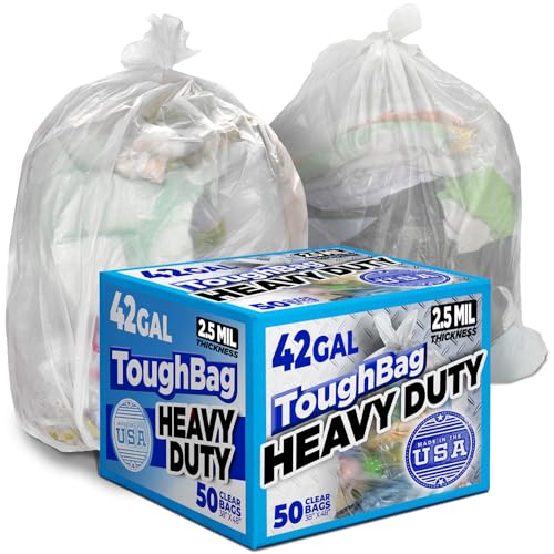 42 Gallon Trash Bags, 3 Mil Contractor Bags, Large Trash Can Liners, 33 x 48", For Large Trash Cans - For Outdoor, Lawn, Custodian, Landscape, Leaf, Recycling - Made in USA - (CLEAR, 50 COUNT)