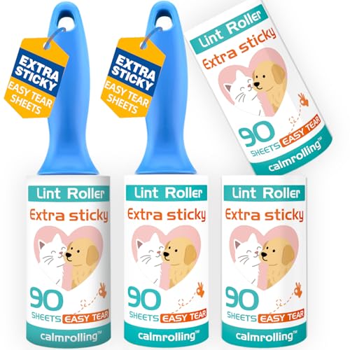 Extra Sticky Pet Hair Remover Lint Roller, 4 Refills (360 Sheets) + 2 Handles, Easy Tear No Residue for Clothes, Couch, Furniture and Car Seats