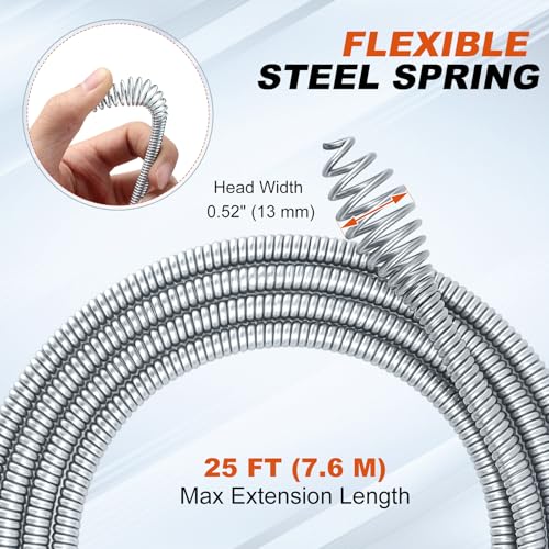 Auto-Feed Drain Snake Auger 25 ft with Drill Adapter, Plumbing Snake Drain Hair Removal Tool, Drain Auger Snake Hair Drain Clog Remover for Shower Kitchen Bathroom Sink, Come with Gloves