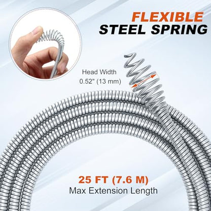 Auto-Feed Drain Snake Auger 25 ft with Drill Adapter, Plumbing Snake Drain Hair Removal Tool, Drain Auger Snake Hair Drain Clog Remover for Shower Kitchen Bathroom Sink, Come with Gloves