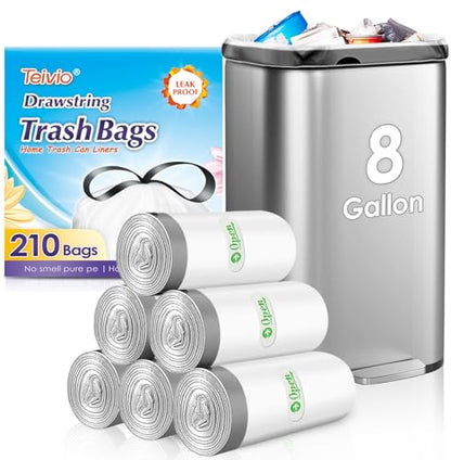 Teivio 8 Gallon 210 Counts Strong Drawstring Trash Bags Garbage Bags, Medium Kitchen Trash Can Bathroom Bin Liners, Plastic Trash Bags for Home Kitchen Office, White - style: 210-8Gallon-White