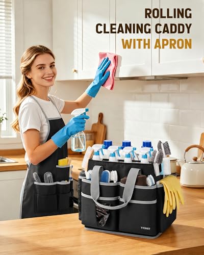 Ytonet Wearable Rolling Cleaning Caddy Bag with Cleaning Apron, Large Cleaning Caddy with 4 Spinner Wheels, Detachable Trolley Portable Cleaning Supplies Organizer Cart for Housekeepers, Utility Bag - color: Black