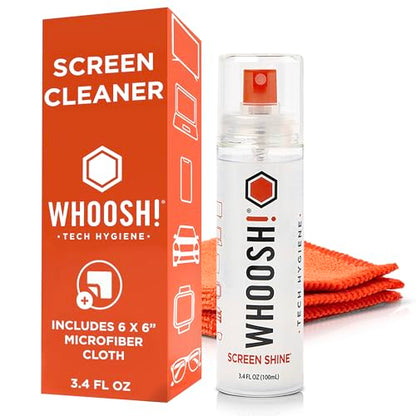 WHOOSH! Screen Shine Go XL - 3.4 fl oz with Microfiber Cloth - Powerful Streak-Free Screen Cleaner Spray and Wipe for MacBook, Laptop, Car, Eyeglasses & Phone - Sleek Bottle for Home, Work or Travel