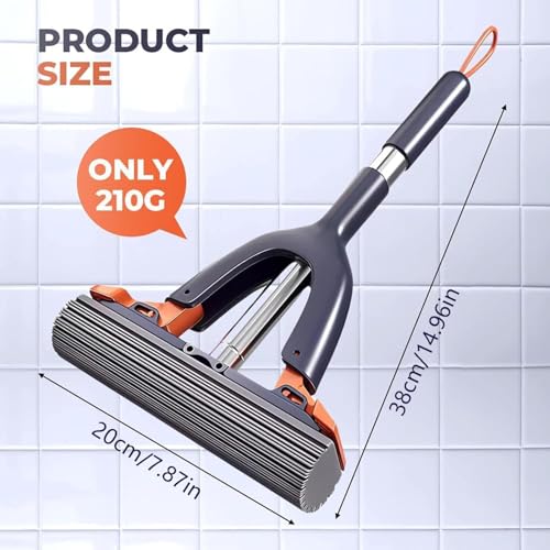 Squeezable Sponge Mop with Stainless Steel Handle, Navy Blue, Orange, 20.3 Inch Length, Self-Squeezing Design for Floor, Wall, Window Cleaning