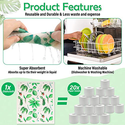 Lucomb 8 Pack Swedish Dish Cloths Washable, Reusable Cleaning Kitchen Paper Towel Sponge Dishcloths, Fast Drying Absorbent Hand Wipes Odorless Tea Towel for Kitchen Home Bar (Plants) - color: Green Plants