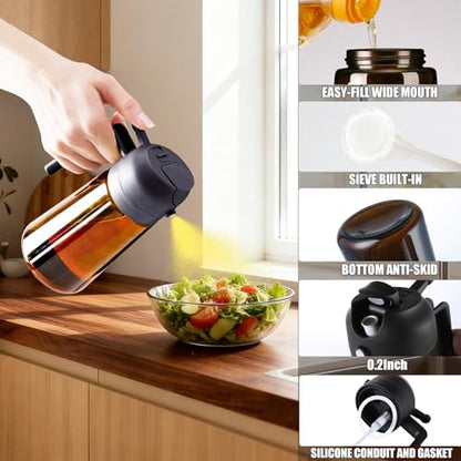 OURCABECUE 2 in 1 Olive Oil Sprayer for Cooking, 16oz/470ml Light-Blocking Dark Olive Oil Dispenser Bottle for Kitchen, Food-Grade Glass Oil Mister with 8 Oil Stickers - color: Dark Brown