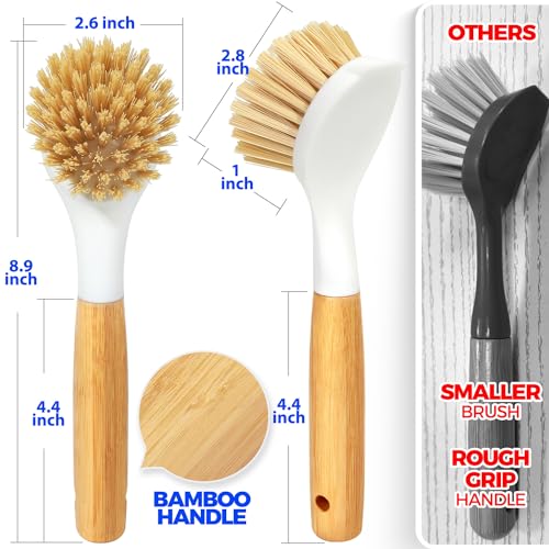 Holikme 3 Pack Dish Brush Set with Bamboo Handle, Kitchen Brushes for Cleaning Pot, Sink and Stove, Skillet Scrubber with Tough Bristles for Cast Iron Grill Pan, White Yellow Black - color: White Yellow Black