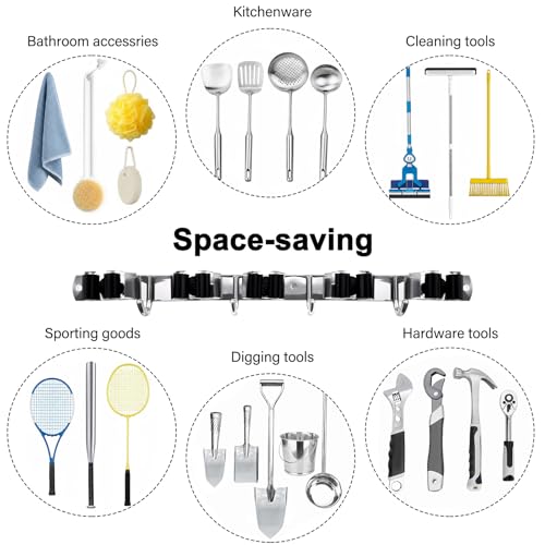 2 Packs 5 Racks and 4 Hooks Mop and Broom Holder Wall Mount, SUS304 Heavy Duty Broom Organizer Storage Tool Racks, Self Adhesive Solid Non-slip Tool Hangers for Home Kitchen Garden Laundry Garage - color: 5 Racks & 4 Hooks (Silver) - 2 Pack