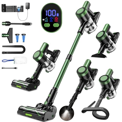 Cordless Vacuum Cleaner, 10 in 1 Vacuum Cleaners for Home, Ultra-Long Runtime Stick Vacuum with Self-Standing & LED Display, Anti-Tangle & Wall Mount Charging - color: Green