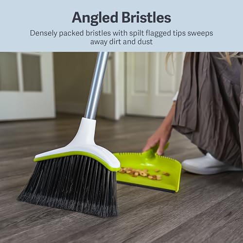 Casabella Basics 2-Piece Angled Broom and Dustpan Set, 44" Angled Broom with Long Handle and Dustpan, Silver/Green - color: Silver/Green
